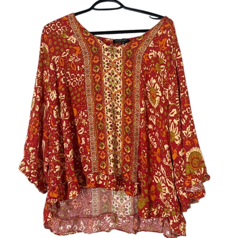 Rachel Zoe Pink Orange Blouse Womens Sz 3X Leaf Print Ruffle Sleeve Boho